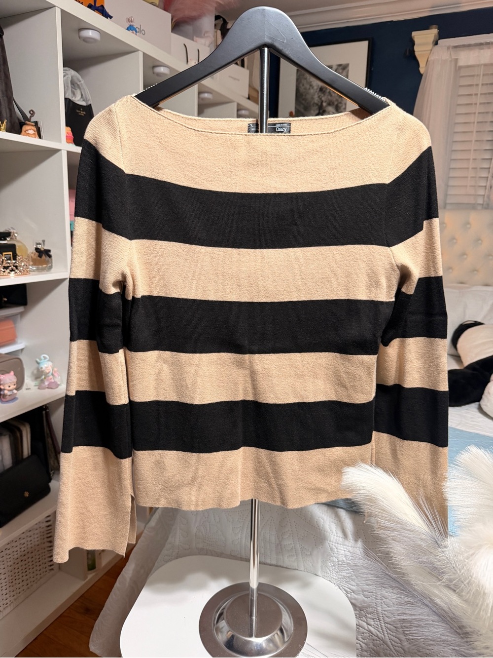 Cozy Striped Long Sleeve Top in Beige and Black
